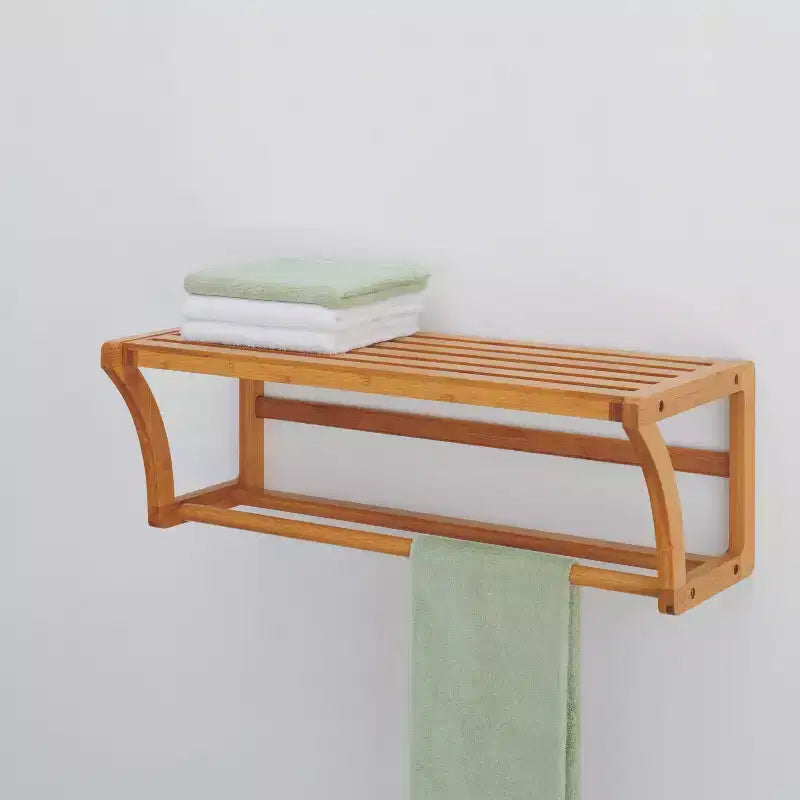 Estante de Pared de Bambú Natural con Barra para Toallas y Cajón – Individual