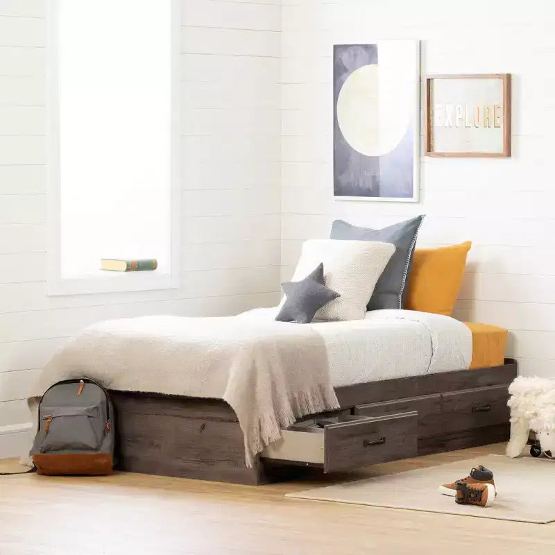 Cama plataforma doble Fall Oak con 3 cajones de almacenamiento