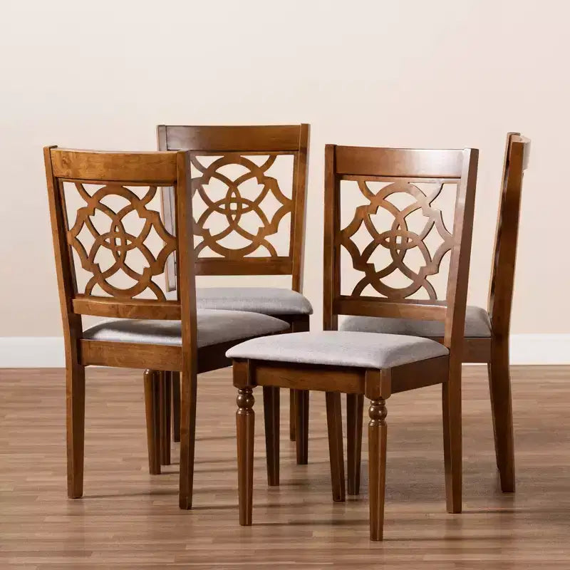 Silla de comedor sin brazos tapizada en gris y nogal, juego de 4