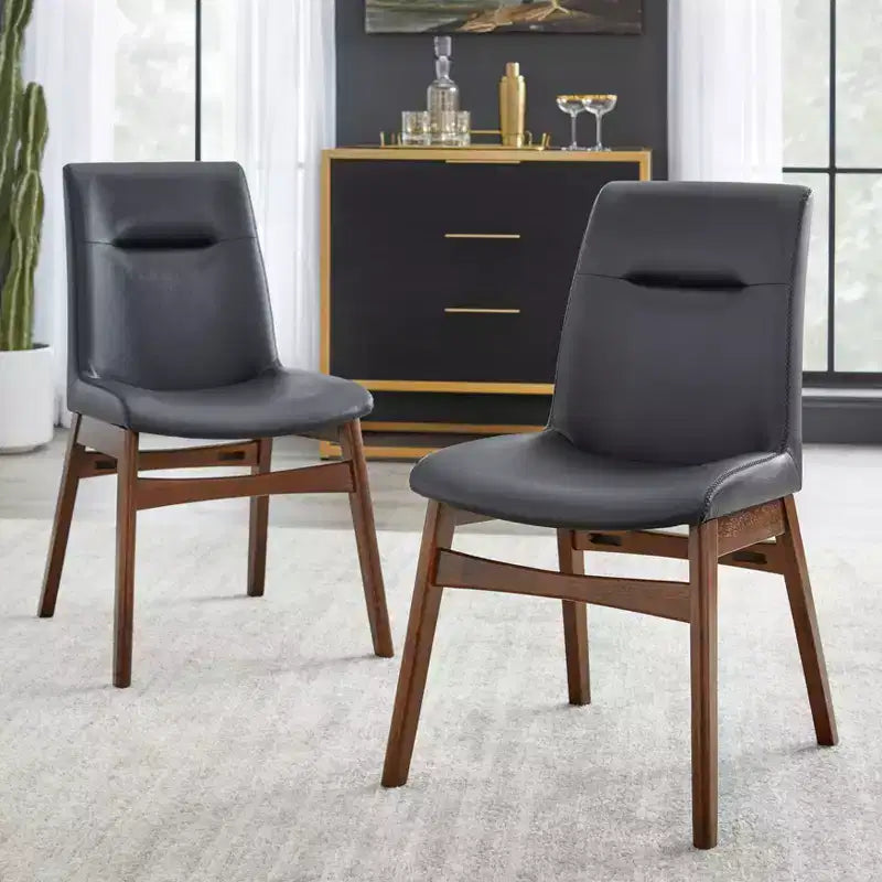 Buylateral Set of 2 Vance Mid Century Modern Vegan Leather Dining Chair Black: Mid Century, Vegan Leather, Rubberwood Base, Walnut Finish
