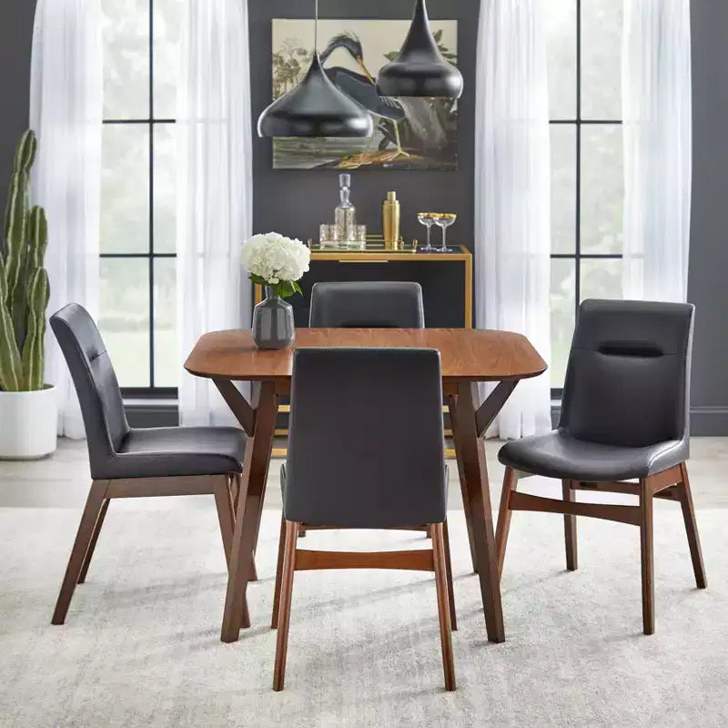 Silla de comedor sin brazos de piel sintética negra, estilo de mediados de siglo, juego de 2