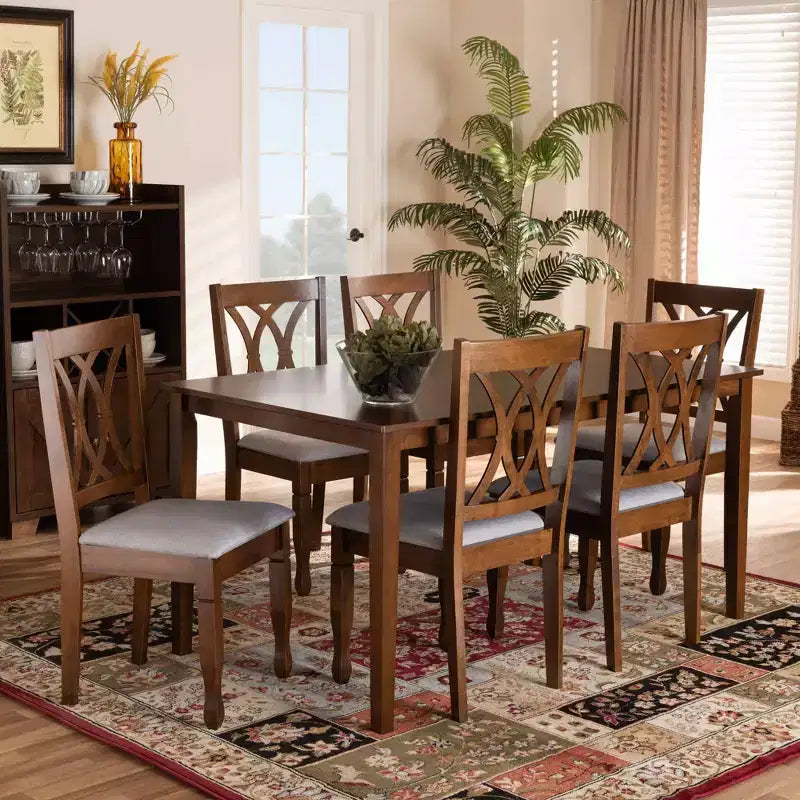 Juego de comedor rectangular de 7 piezas Nogal Marrón y Gris – Para 6 personas