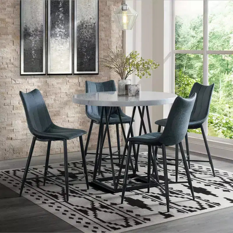 Mesa de comedor redonda con pedestal de mármol blanco - 4 asientos, base de metal gris