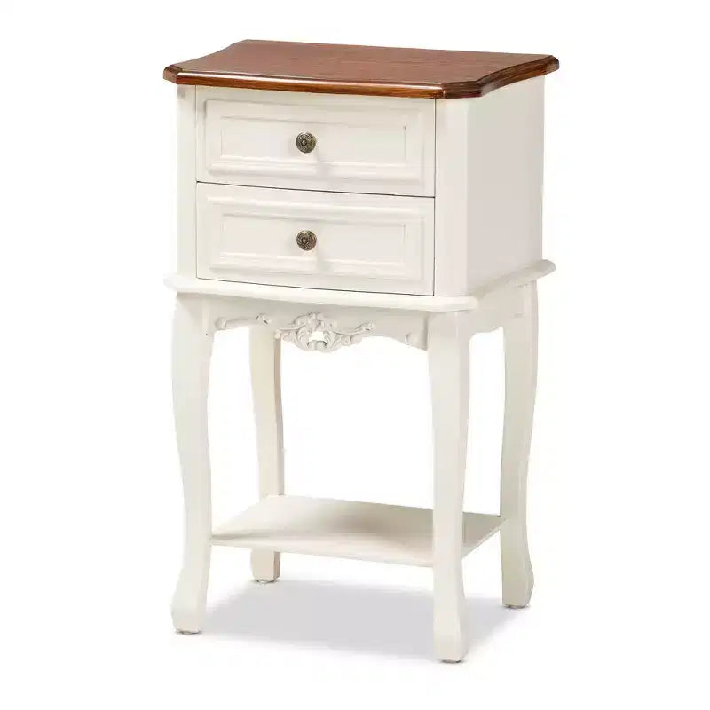 2 Drawer Darla Wood Nightstand White/Cherry Brown - Baxton Studio: Traditional Bedside Table with Anti-Tip Hardware