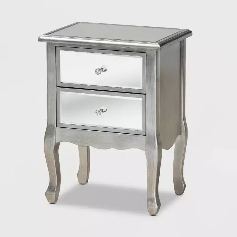 Baxton Studio Leonie Wood and Mirrored Glass 2 Drawer Nightstand Silver: Mid-Century Modern, Fir Wood Frame, No Assembly Required