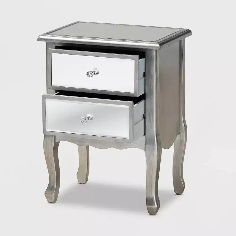 Mesa Auxiliar Plateada con Espejo de 2 Cajones (1 persona)