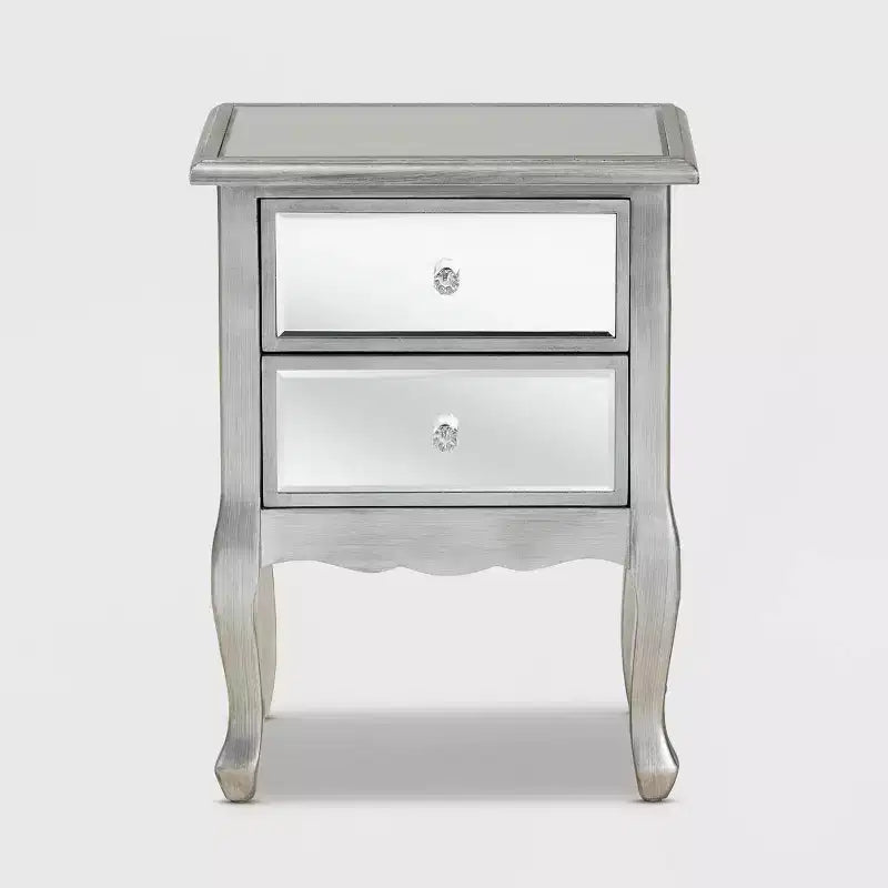 Mesa Auxiliar Plateada con Espejo de 2 Cajones (1 persona)