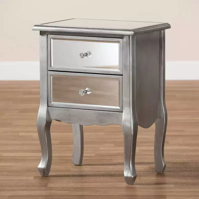 Mesa Auxiliar Plateada con Espejo de 2 Cajones (1 persona)