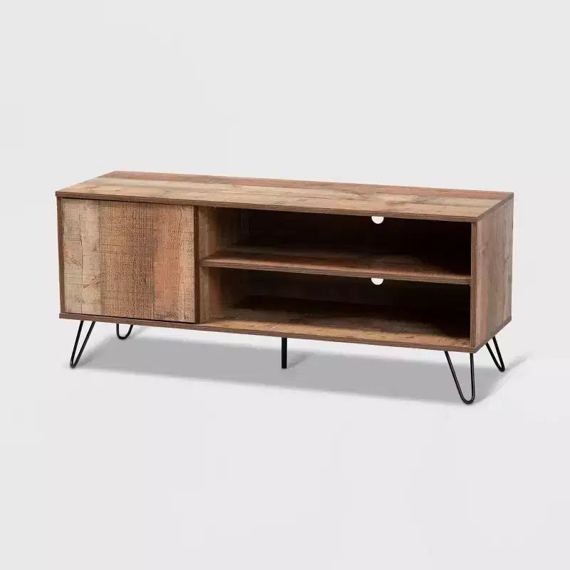 Iver 1 Door Wood TV Stand for TVs up to 50" Rustic Oak/Dark Brown - Baxton Studio: Hairpin Legs, Entertainment Storage