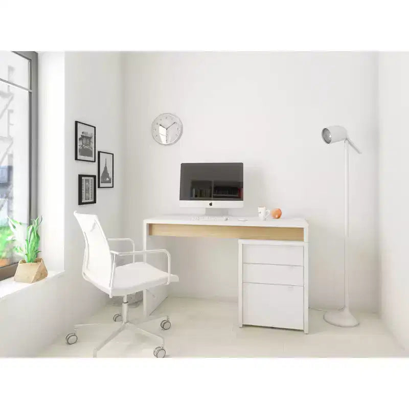 Nexera 2pc Chrono Home Office Set with File Cabinet White/Natural Maple: Laminated Melamine, Wood Composite Desk & Storage
