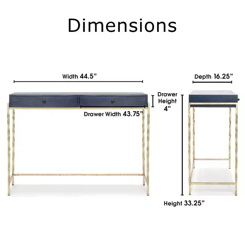 Mesa consola de 2 cajones azul y oro con tablero de madera de mango
