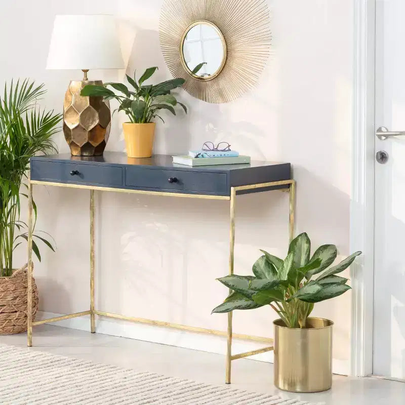 Mesa consola de 2 cajones azul y oro con tablero de madera de mango
