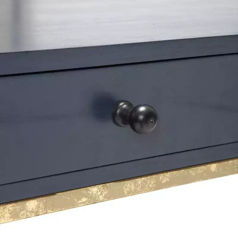 Mesa consola de 2 cajones azul y oro con tablero de madera de mango