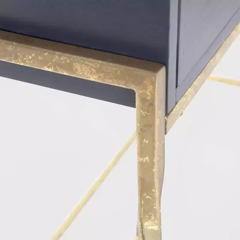 Mesa consola de 2 cajones azul y oro con tablero de madera de mango