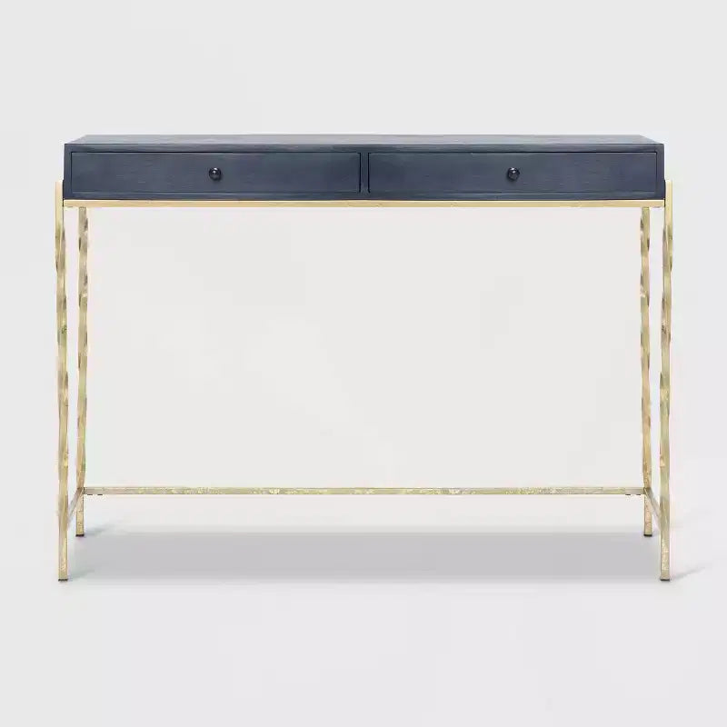 Mesa consola de 2 cajones azul y oro con tablero de madera de mango