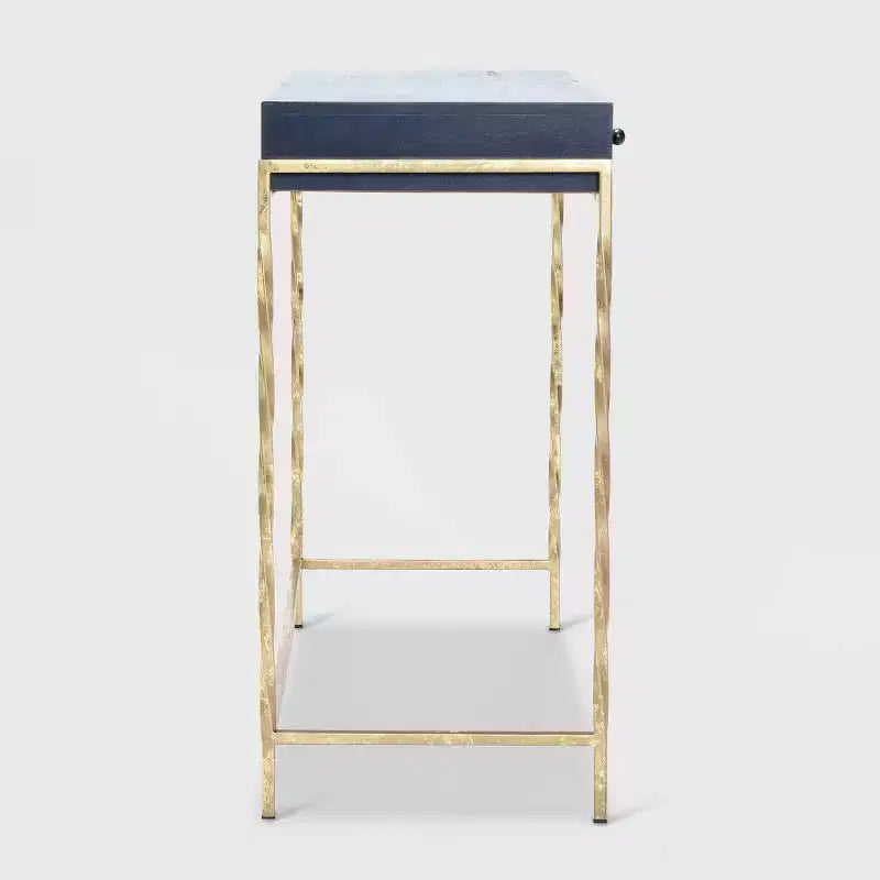 Mesa consola de 2 cajones azul y oro con tablero de madera de mango