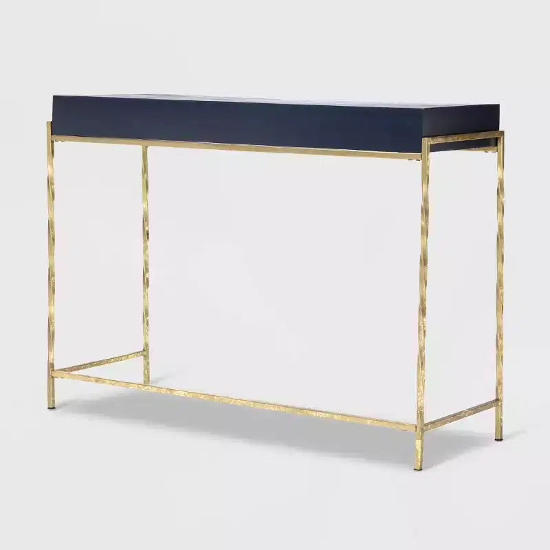 Mesa consola de 2 cajones azul y oro con tablero de madera de mango