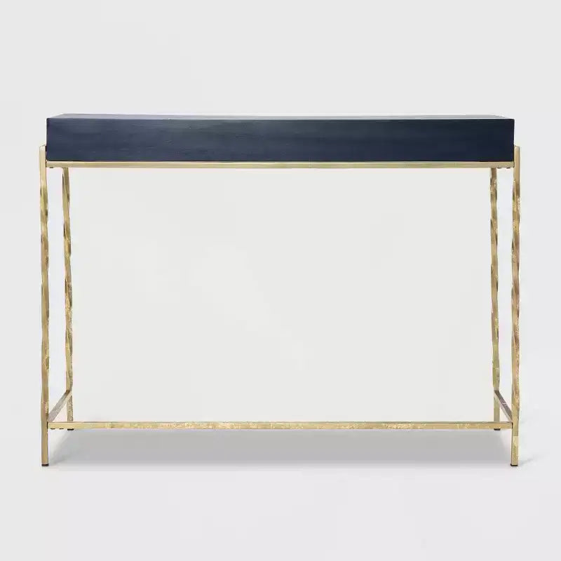Mesa consola de 2 cajones azul y oro con tablero de madera de mango