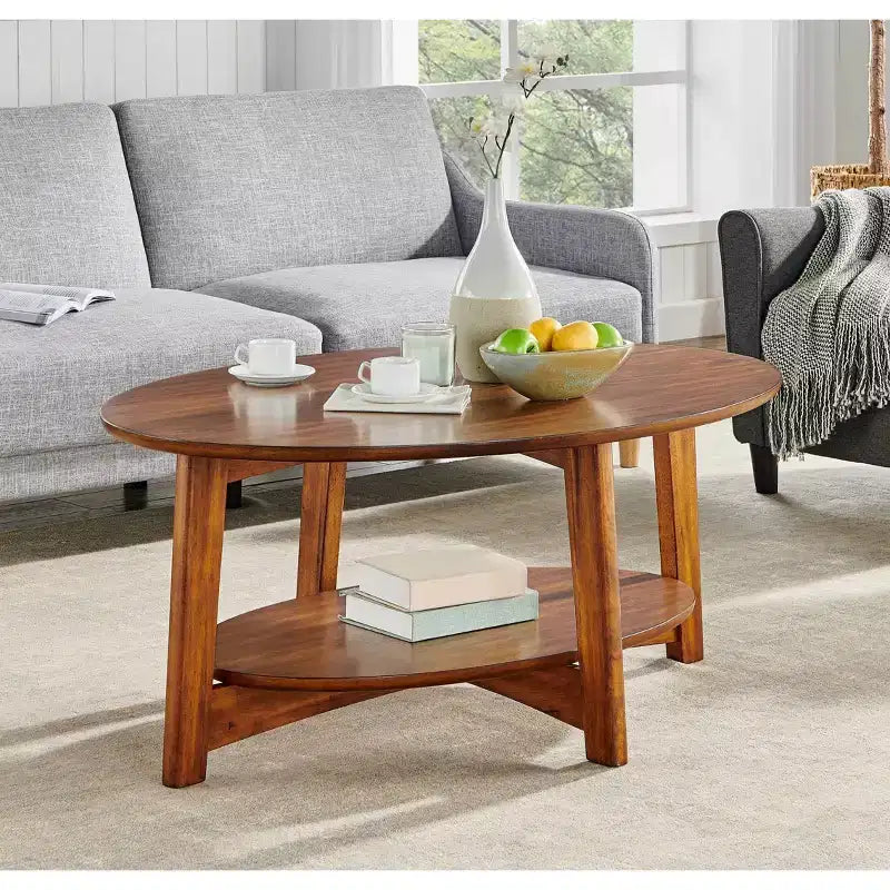 Monterey Oval Mid Century Modern Wood Coffee Table Chestnut: Tapered Legs, Floating Shelf - Alaterre Furniture