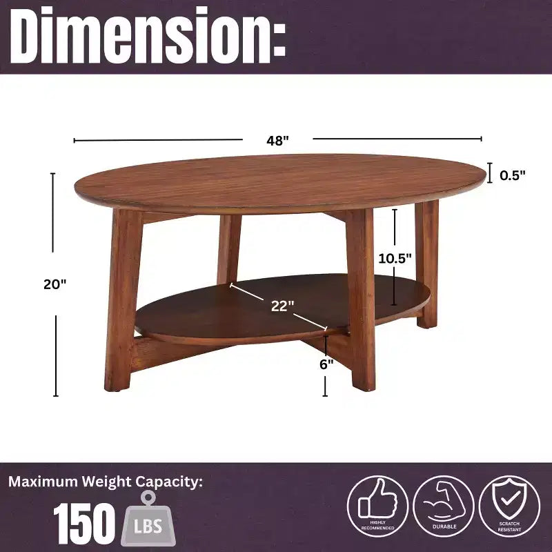 Mesa de centro ovalada marrón de mediados de siglo con estante flotante — Para 2 a 4 personas