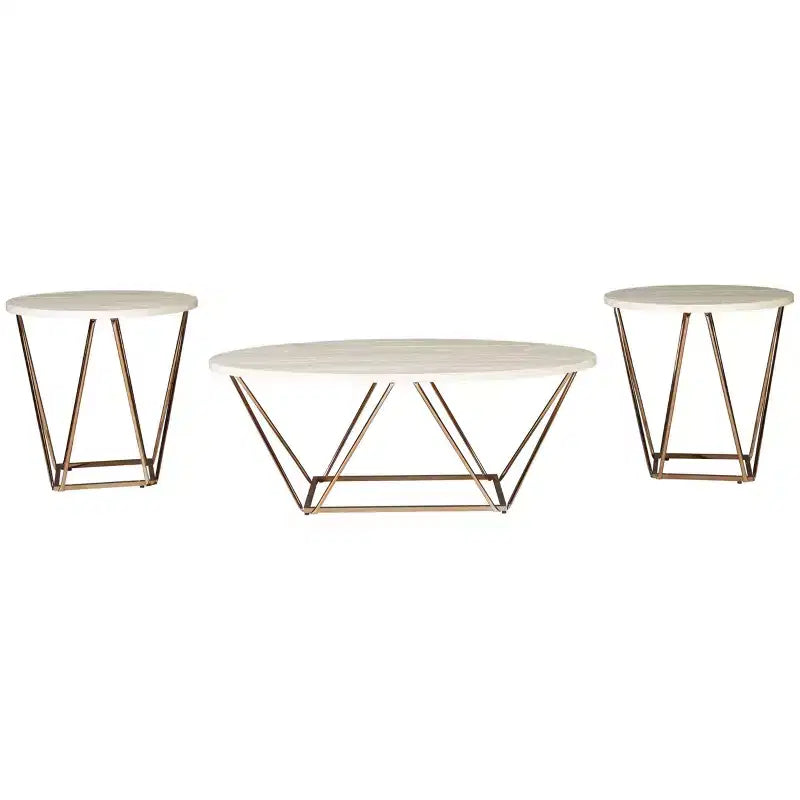 3pc Tarica Coffee and End Table Set Faux Cream/Gold Metal Base - Signature Design by Ashley: Scandinavian Style, Oval & Round Tables