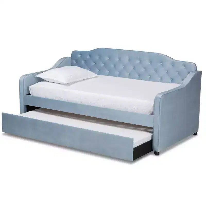 Diván tapizado en terciopelo azul claro con cama nido – Capacidad para 2 personas