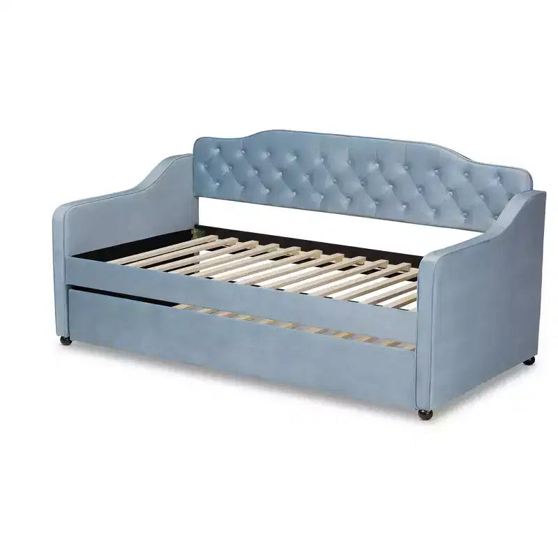 Diván tapizado en terciopelo azul claro con cama nido – Capacidad para 2 personas