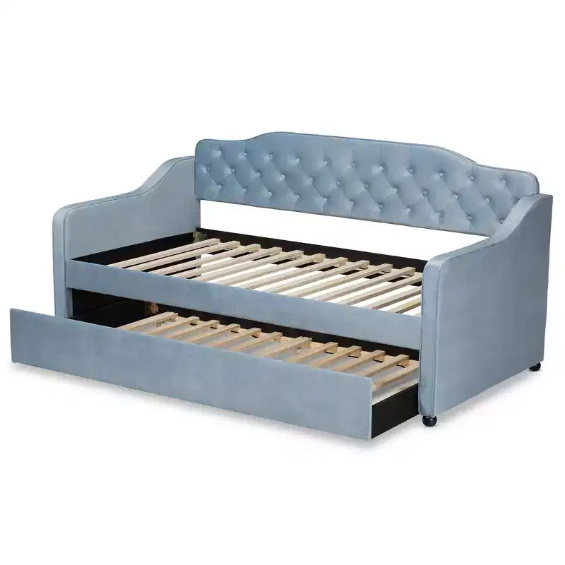 Diván tapizado en terciopelo azul claro con cama nido – Capacidad para 2 personas