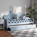 Diván tapizado en terciopelo azul claro con cama nido – Capacidad para 2 personas