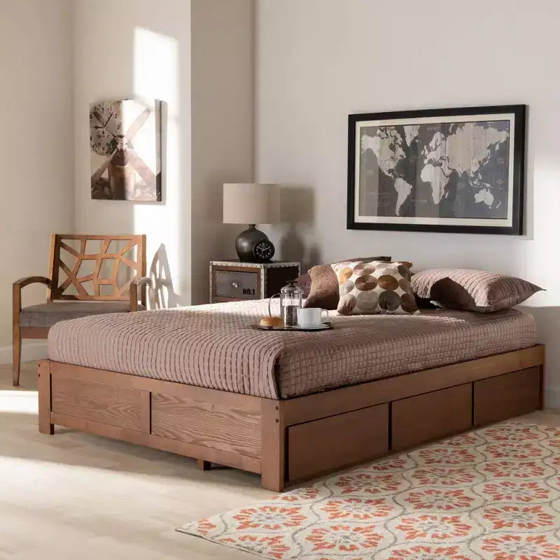 Estructura de cama de almacenamiento de 3 cajones de nogal – Individual / Queen / King