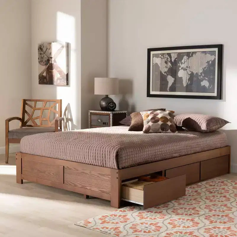 Estructura de cama de almacenamiento de 3 cajones de nogal – Individual / Queen / King