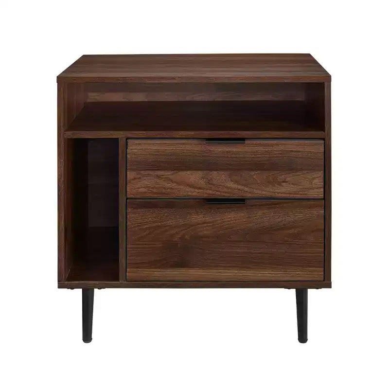 Mesa de Noche Moderna de Nogal Oscuro con Cajón y Estante Abierto — 1 Persona