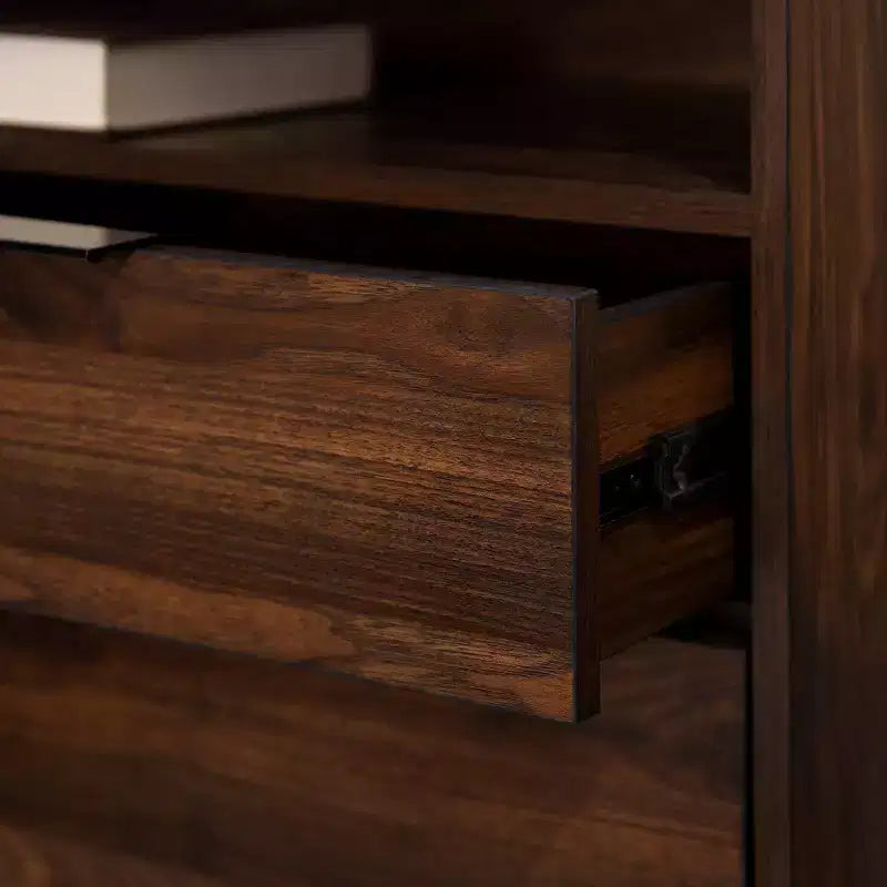 Mesa de Noche Moderna de Nogal Oscuro con Cajón y Estante Abierto — 1 Persona
