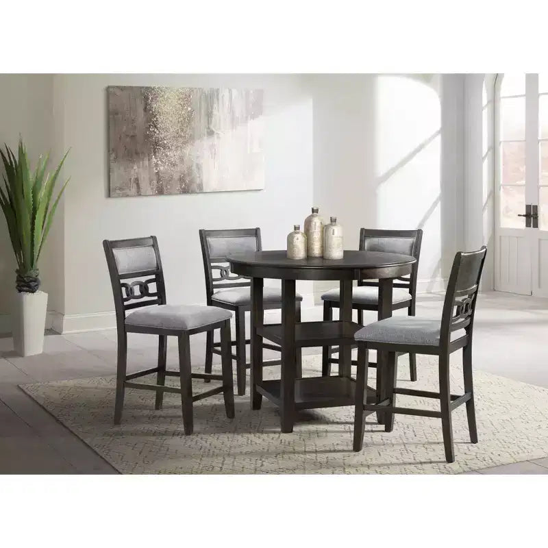 Mesa de comedor redonda a la altura de mostrador en crema/nogal – 4 asientos