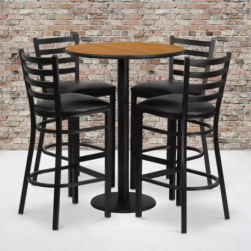 Juego de mesa redonda de altura de barra de 30'' y 4 taburetes de barra – Cubierta negra/caoba/natural/nogal, asiento de vinilo negro/burgundy, 4 plazas