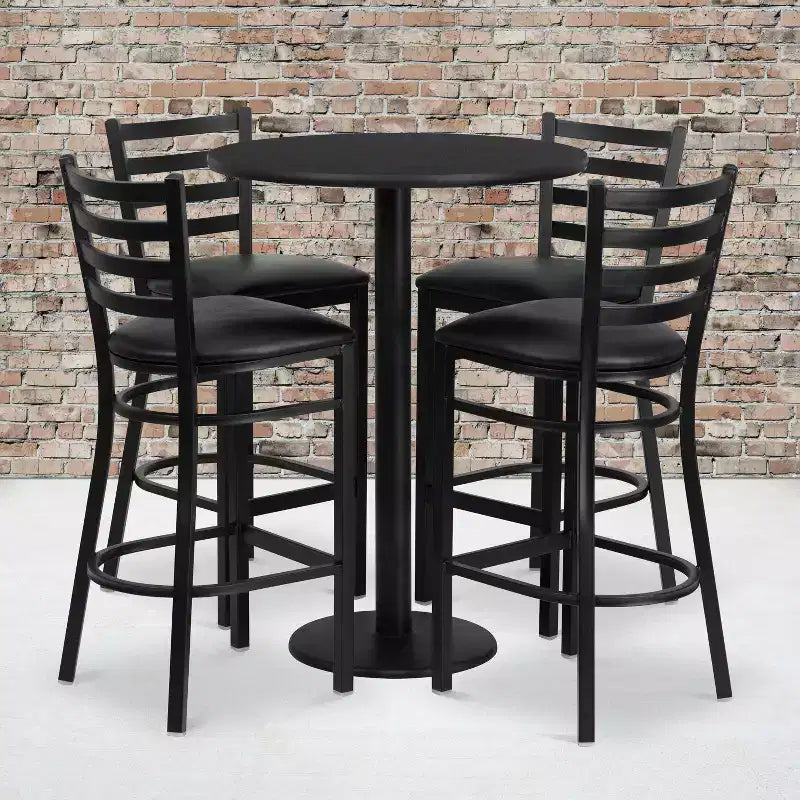 Juego de mesa redonda de altura de barra de 30'' y 4 taburetes de barra – Cubierta negra/caoba/natural/nogal, asiento de vinilo negro/burgundy, 4 plazas