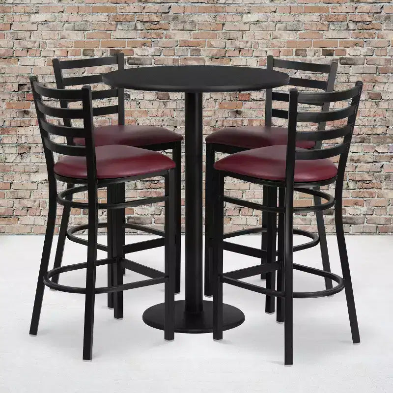Juego de mesa redonda de altura de barra de 30'' y 4 taburetes de barra – Cubierta negra/caoba/natural/nogal, asiento de vinilo negro/burgundy, 4 plazas
