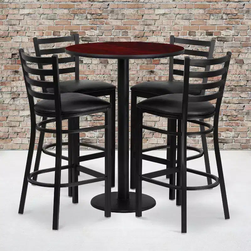 Juego de mesa redonda de altura de barra de 30'' y 4 taburetes de barra – Cubierta negra/caoba/natural/nogal, asiento de vinilo negro/burgundy, 4 plazas