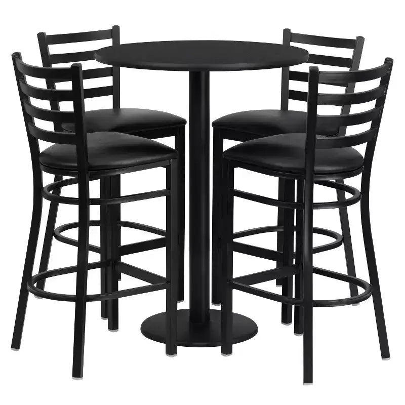 Juego de mesa redonda de altura de barra de 30'' y 4 taburetes de barra – Cubierta negra/caoba/natural/nogal, asiento de vinilo negro/burgundy, 4 plazas