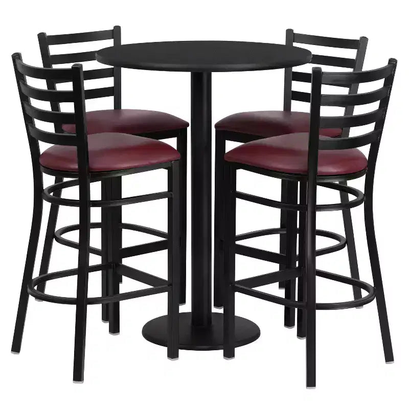 Juego de mesa redonda de altura de barra de 30'' y 4 taburetes de barra – Cubierta negra/caoba/natural/nogal, asiento de vinilo negro/burgundy, 4 plazas
