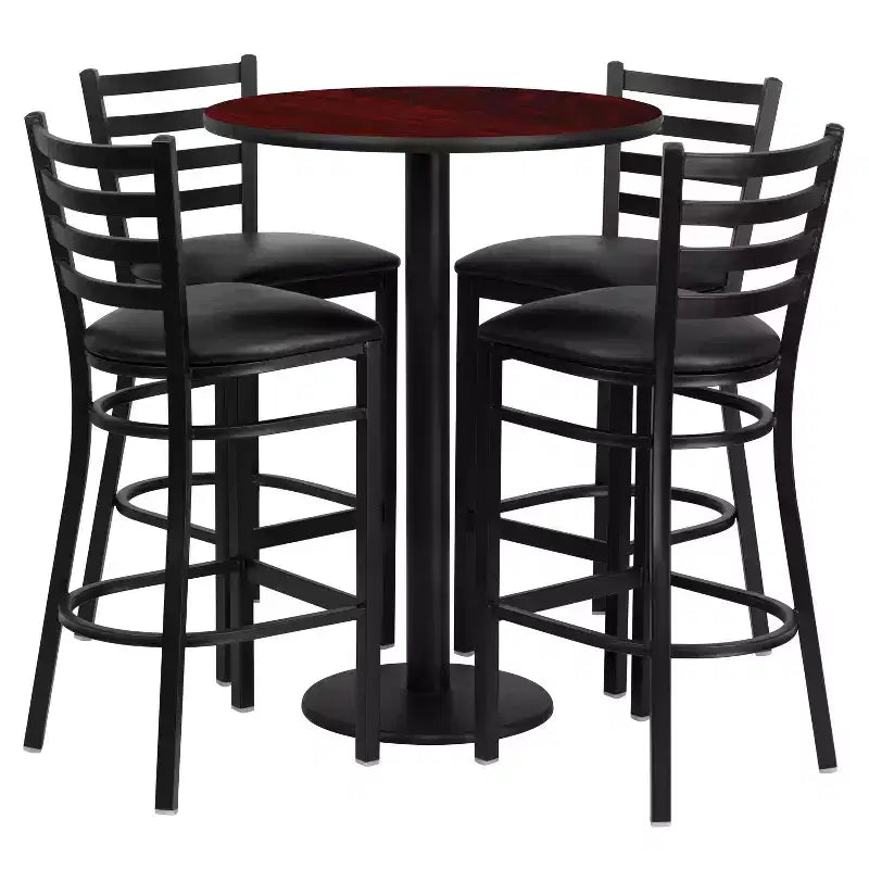 Juego de mesa redonda de altura de barra de 30'' y 4 taburetes de barra – Cubierta negra/caoba/natural/nogal, asiento de vinilo negro/burgundy, 4 plazas