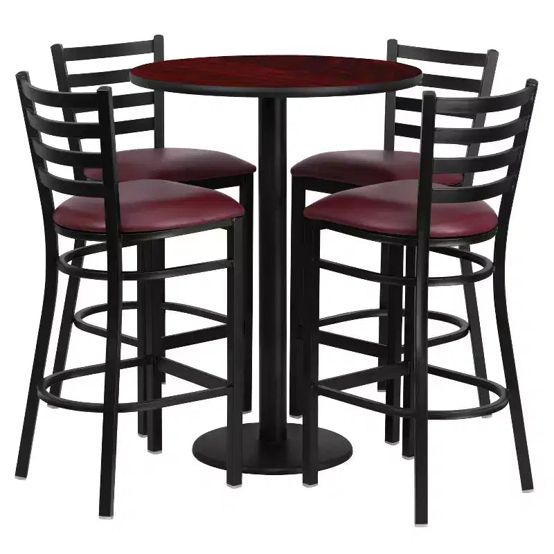 Juego de mesa redonda de altura de barra de 30'' y 4 taburetes de barra – Cubierta negra/caoba/natural/nogal, asiento de vinilo negro/burgundy, 4 plazas