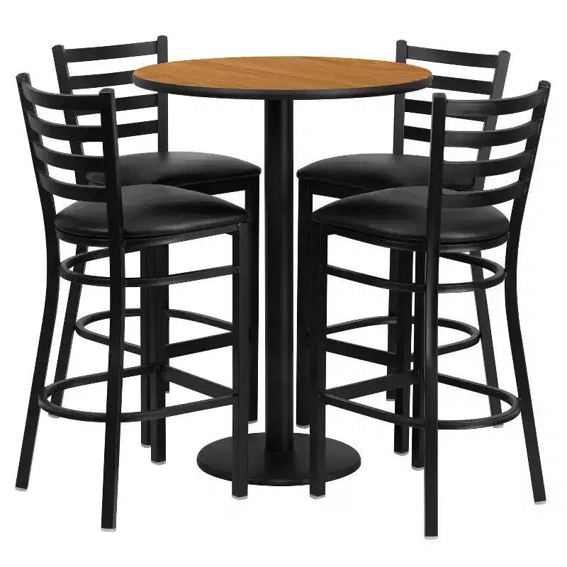 Juego de mesa redonda de altura de barra de 30'' y 4 taburetes de barra – Cubierta negra/caoba/natural/nogal, asiento de vinilo negro/burgundy, 4 plazas