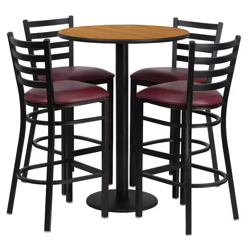 Juego de mesa redonda de altura de barra de 30'' y 4 taburetes de barra – Cubierta negra/caoba/natural/nogal, asiento de vinilo negro/burgundy, 4 plazas