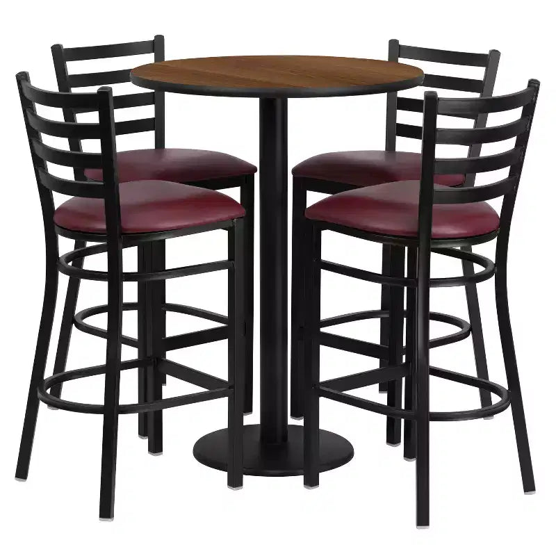 Juego de mesa redonda de altura de barra de 30'' y 4 taburetes de barra – Cubierta negra/caoba/natural/nogal, asiento de vinilo negro/burgundy, 4 plazas