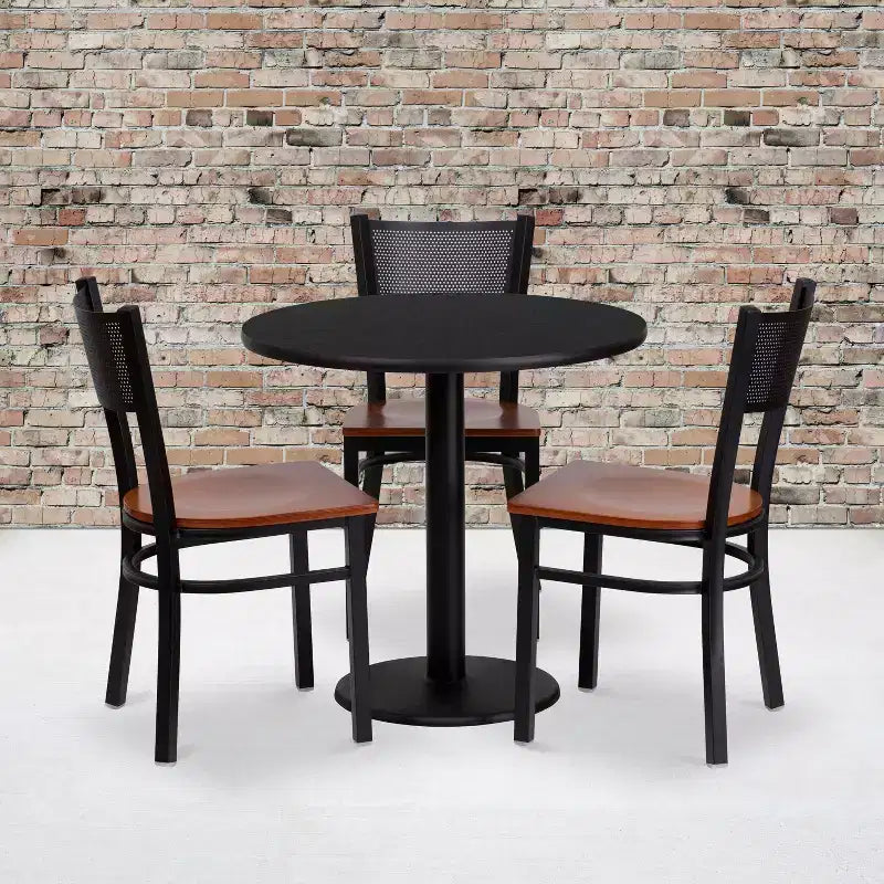 Juego de comedor con mesa redonda laminada negra y 3 sillas de metal con respaldo reticular — Asiento de madera de cerezo, 3 puestos