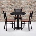 Juego de comedor con mesa redonda laminada negra y 3 sillas de metal con respaldo reticular — Asiento de madera de cerezo, 3 puestos