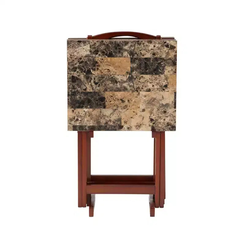 Juego de 4 mesas plegables con bandeja de mármol sintético marrón/blanco con soporte