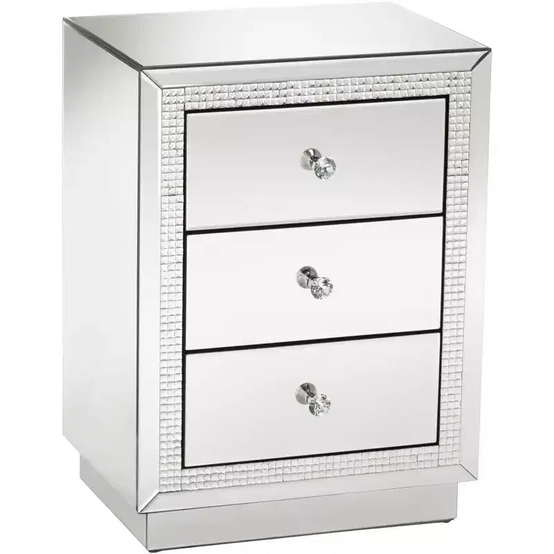 Studio 55D Biscaya Modern Mirrored Rectangular Accent Side End Table 19 x 13 3/4 with 3-Drawer Silver Crystal for Living Room Bedroom Bedside House