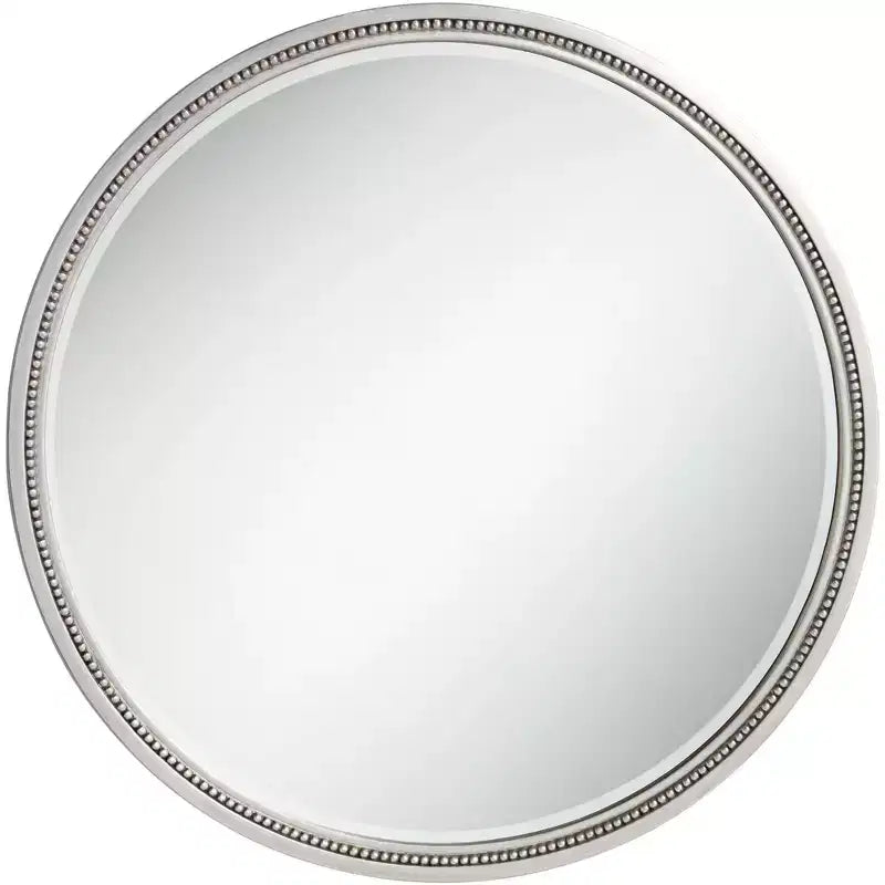 Noble Park Lorraine Round Vanity Decorative Wall Mirror Modern Beveled Beaded Trim Silver Wood Frame 32 3/4 Wide for Bathroom Bedroom Living Room